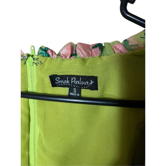 Unique Vintage Smak Parlour Avocado & Pink Strawberry Print Woodstock Flare Dres - Picture 8 of 9